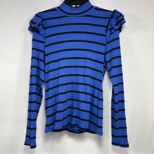 Ruffle Shoulder T.la Blue Black Striped Ribbed Mock Neck Top XL